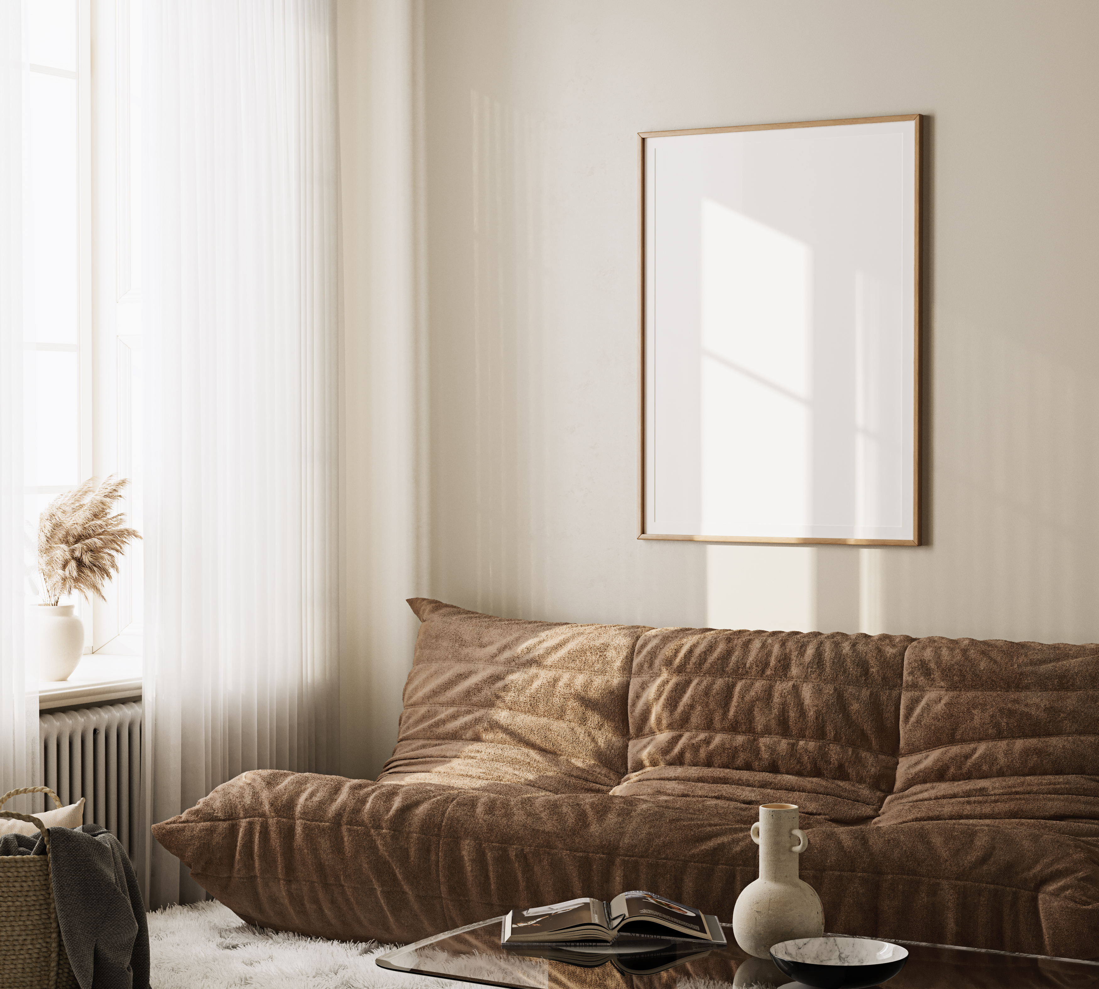 Warm living room with wall frame
